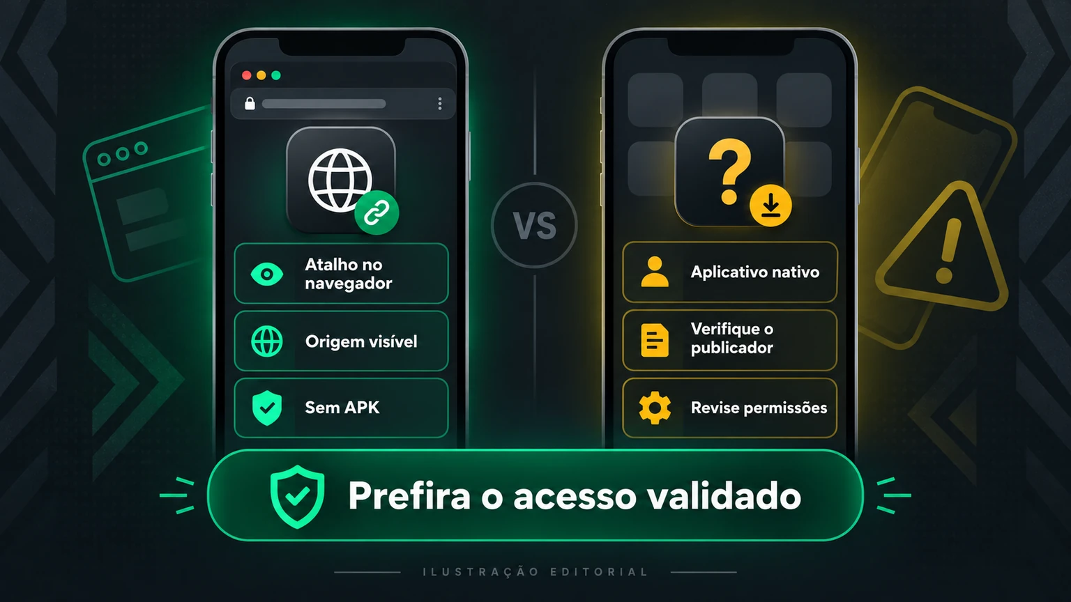 Comparação editorial entre navegador móvel, atalho e aplicativo