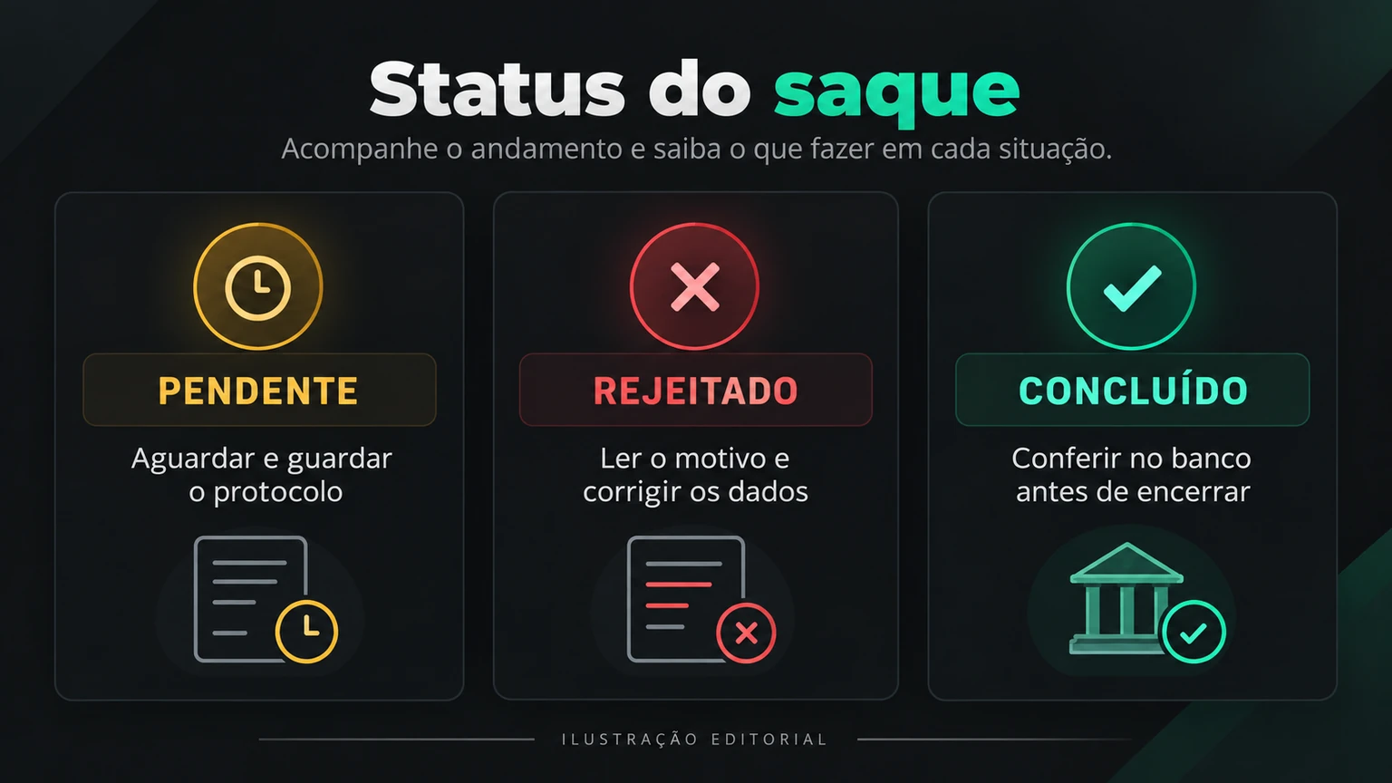 Quadro de diagnóstico para saque pendente, recusado ou concluído